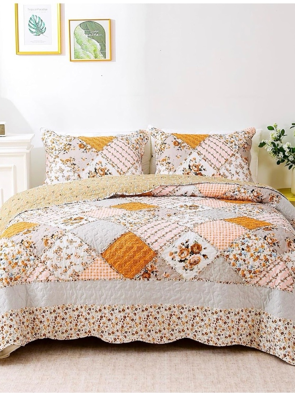 Floral Patchwork Quilt Set in Mustard & Pink - [Brand]